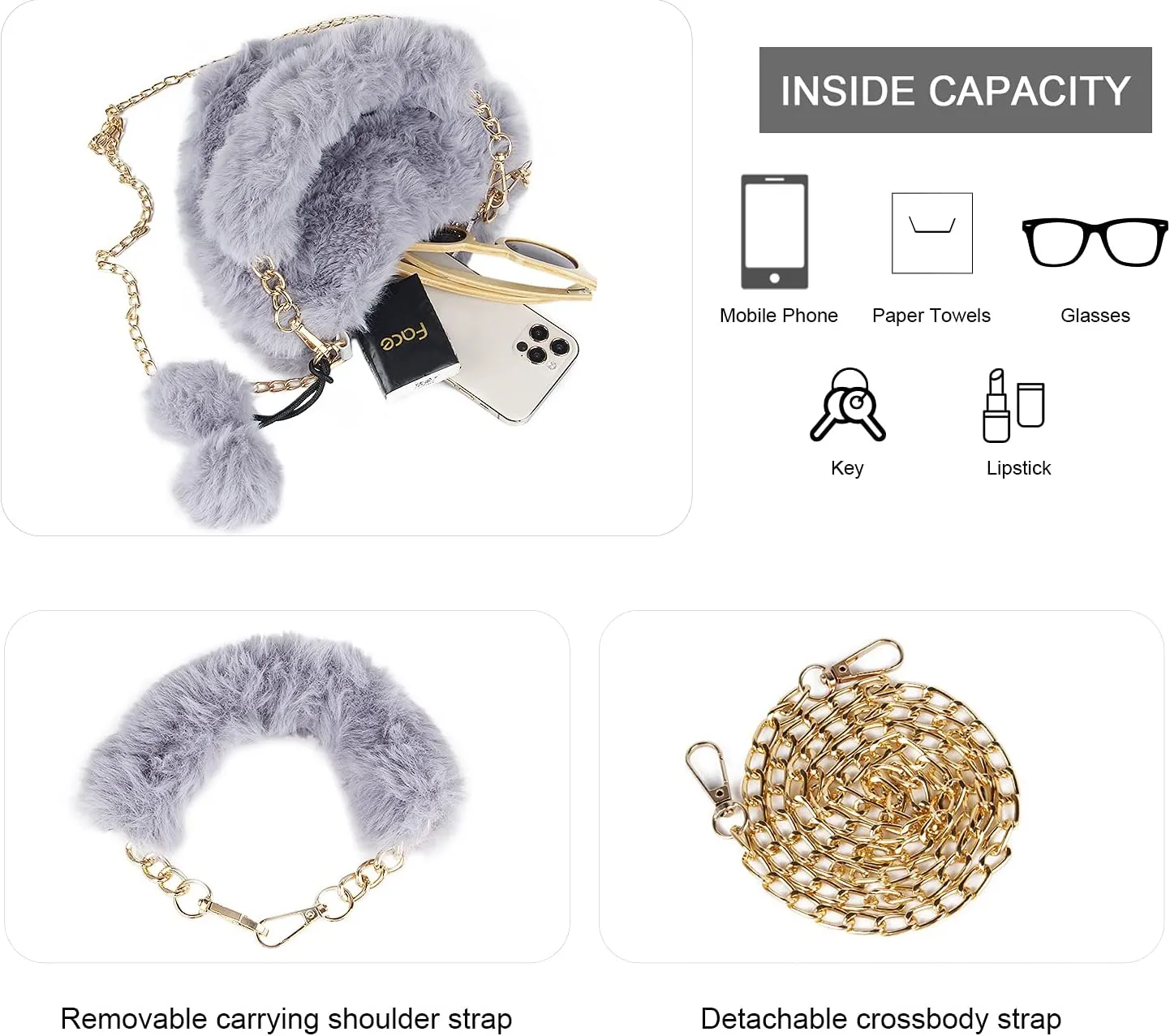 SUKUTU Faux Fur Purse Women's Heart Shaped Evening Handbags Small Cute Phone Crossbody Bag Clutches for Girls