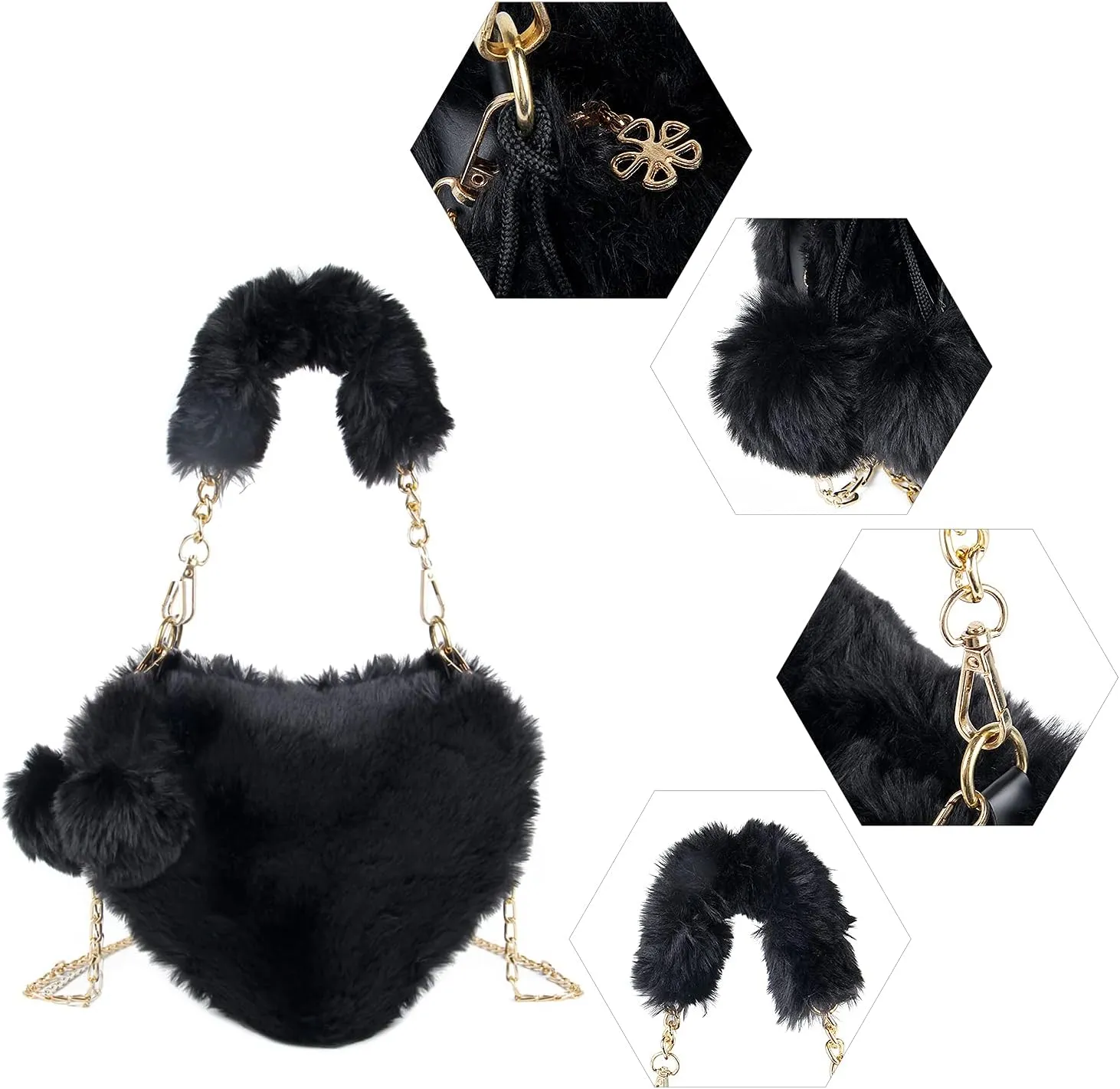 SUKUTU Faux Fur Purse Women's Heart Shaped Evening Handbags Small Cute Phone Crossbody Bag Clutches for Girls
