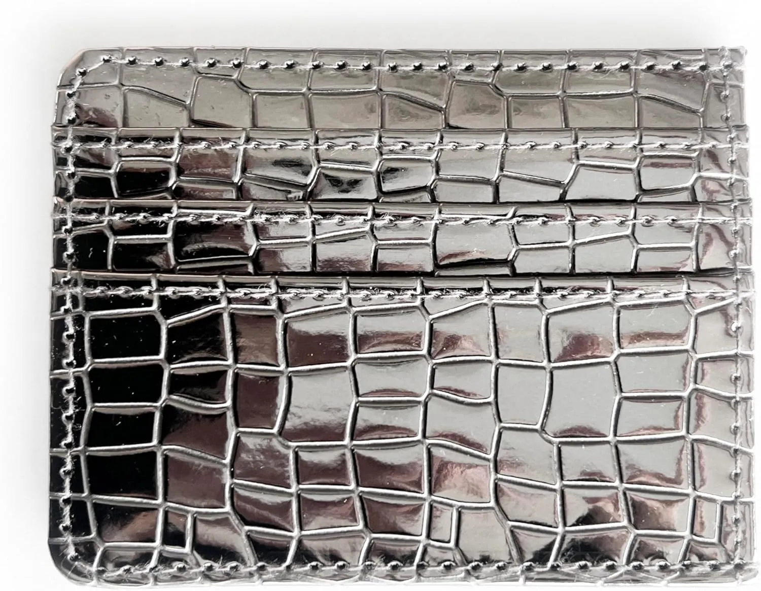 Super Shiny Slim Credit Card Holder Mini Front Pocket Wallet in Mirror Metallic Faux Crocodile pattern (Metalic Pewter)
