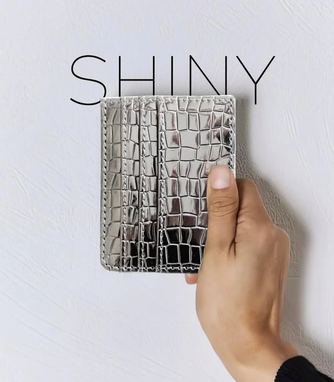 Super Shiny Slim Credit Card Holder Mini Front Pocket Wallet in Mirror Metallic Faux Crocodile pattern (Metalic Pewter)