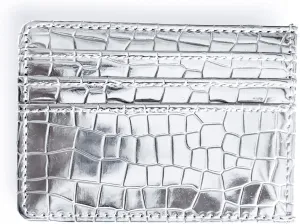 Super Shiny Slim Credit Card Holder Mini Front Pocket Wallet in Mirror Metallic Faux Crocodile pattern (Silver)
