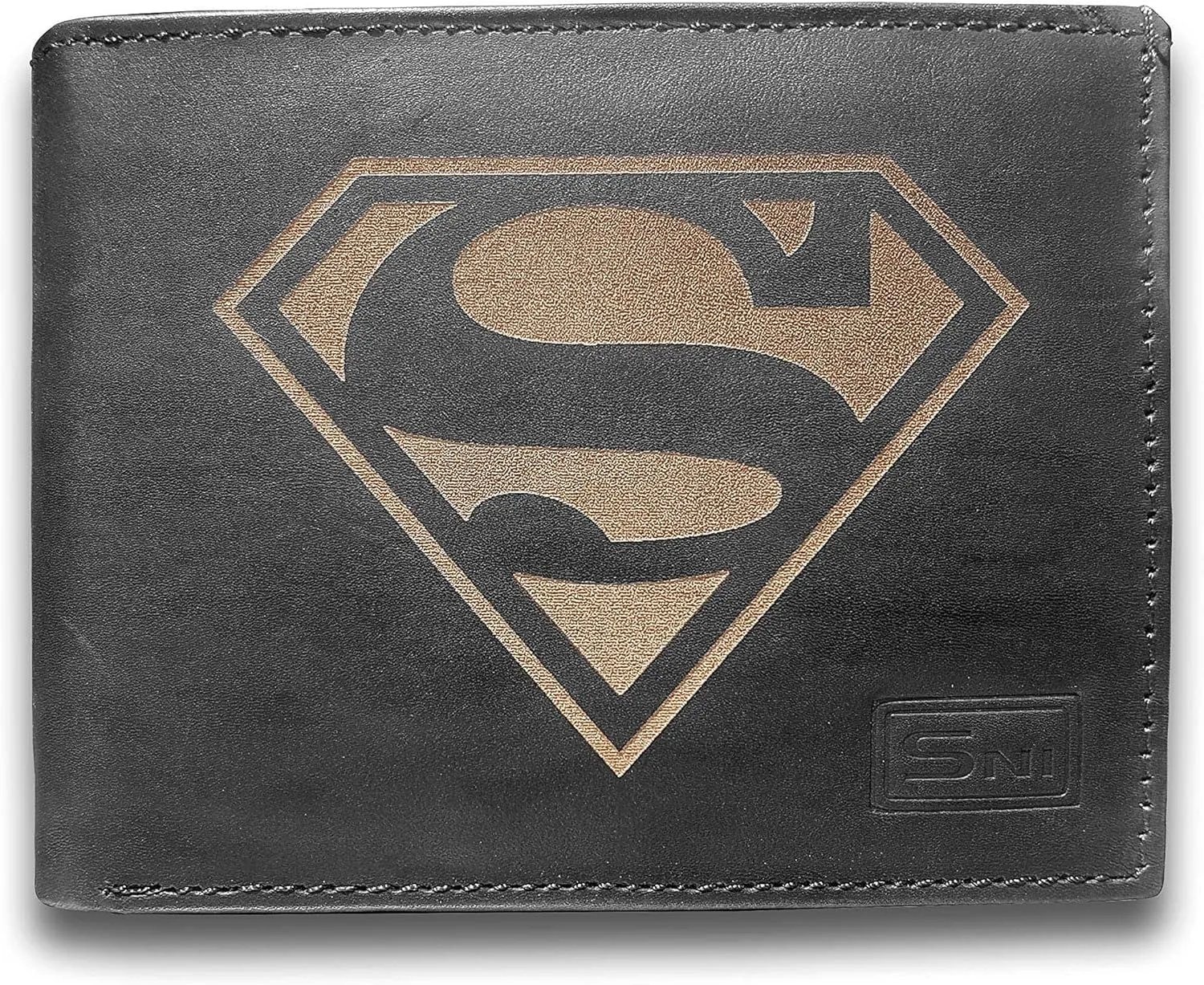 Superman Genuine Cowhide Leather Laser Engraved Engraving Slimfold Mens Black Large Capacity Luxury Wallet Purse Minimalist Sleek and Slim Black Credit Card Holder Organizer 14 Pockets