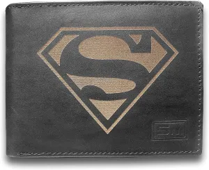 Superman Genuine Cowhide Leather Laser Engraved Engraving Slimfold Mens Black Large Capacity Luxury Wallet Purse Minimalist Sleek and Slim Black Credit Card Holder Organizer 14 Pockets