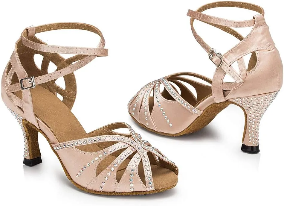 SWDZM Women's Latin Dance Shoes Rhinestone Salsa Chacha Ballroom Performance Practice Dancing Shoes,Model-YCL357