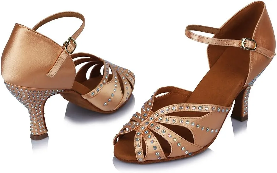 SWDZM Women's Latin Dance Shoes Rhinestone Salsa Chacha Ballroom Performance Practice Dancing Shoes,Model-YCL357
