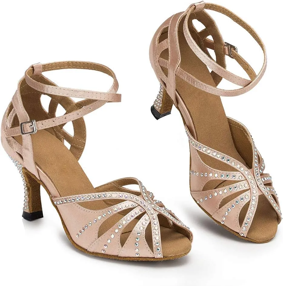 SWDZM Women's Latin Dance Shoes Rhinestone Salsa Chacha Ballroom Performance Practice Dancing Shoes,Model-YCL357
