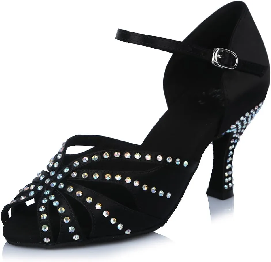 SWDZM Women's Latin Dance Shoes Rhinestone Salsa Chacha Ballroom Performance Practice Dancing Shoes,Model-YCL357