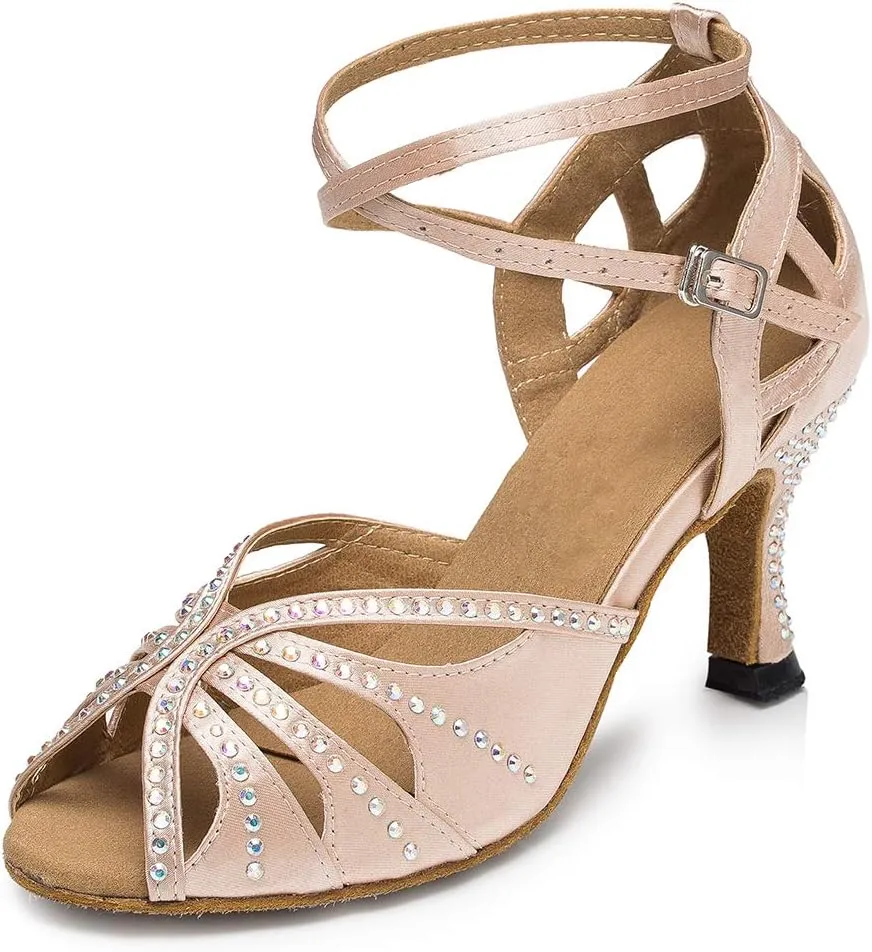 SWDZM Women's Latin Dance Shoes Rhinestone Salsa Chacha Ballroom Performance Practice Dancing Shoes,Model-YCL357