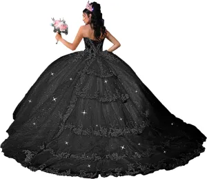 Sweetheart Quinceanera Dresses with Train Glitter Beaded Ball Gown Tiered Sweet XV Dresses YU009