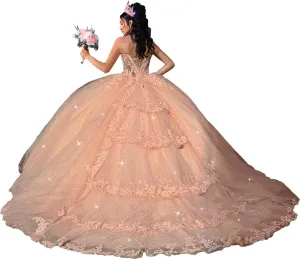Sweetheart Quinceanera Dresses with Train Glitter Beaded Ball Gown Tiered Sweet XV Dresses YU009