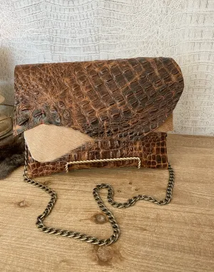 Tan Croc with Brown Hide Clutch/Crossbody
