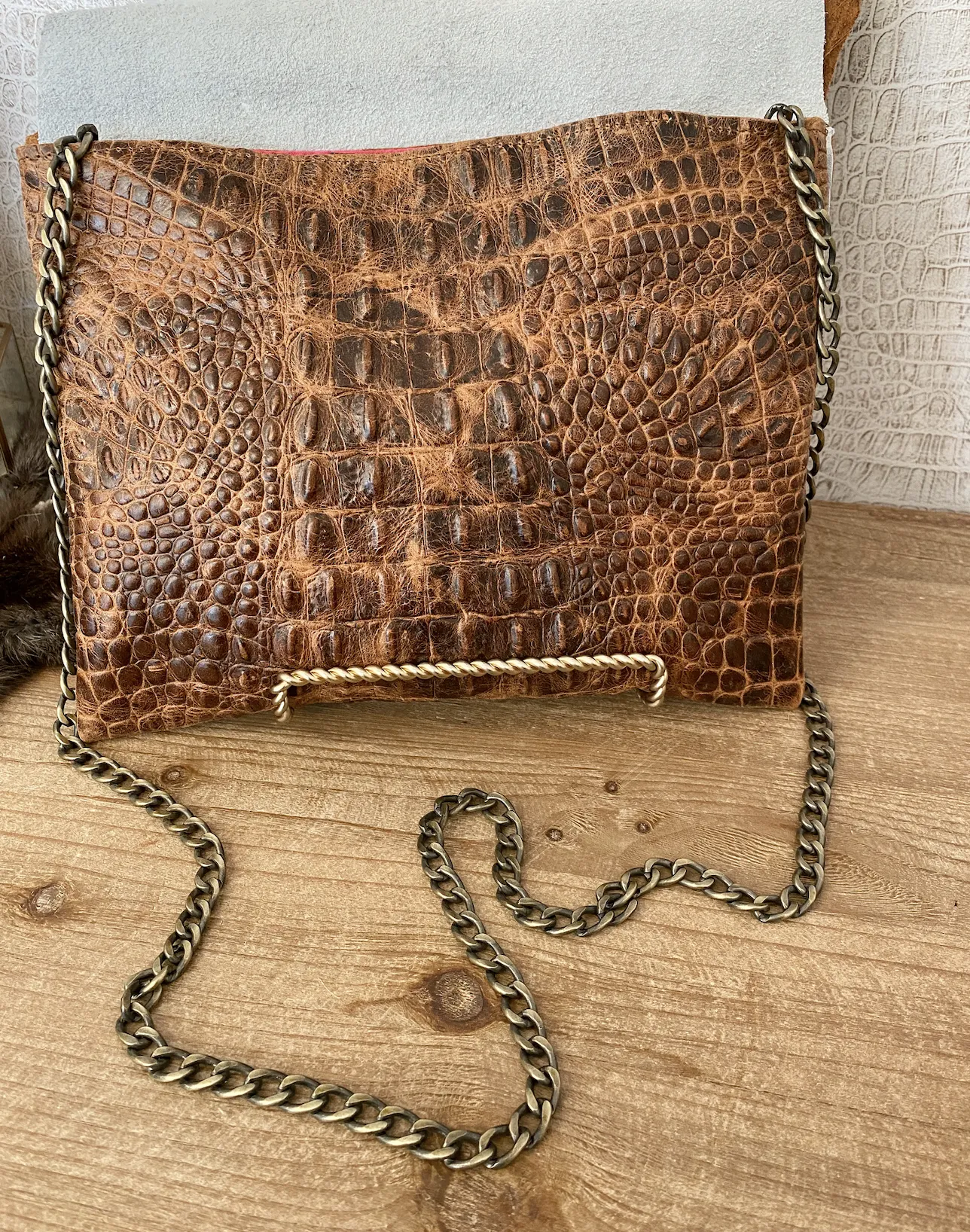 Tan Croc with Brown Hide Clutch/Crossbody