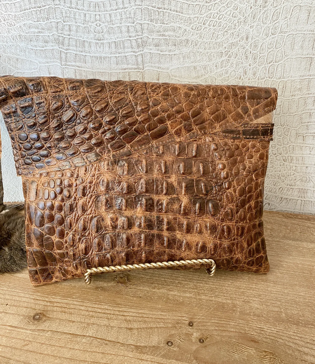 Tan Croc with Brown Hide Clutch/Crossbody