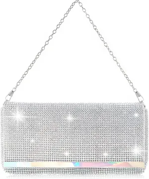 Tessco Women's Evening Bag Glitter Clutch Purses for Women Evening Wedding Party Prom Purse Rhinestone with Detachable Chain (Silver)