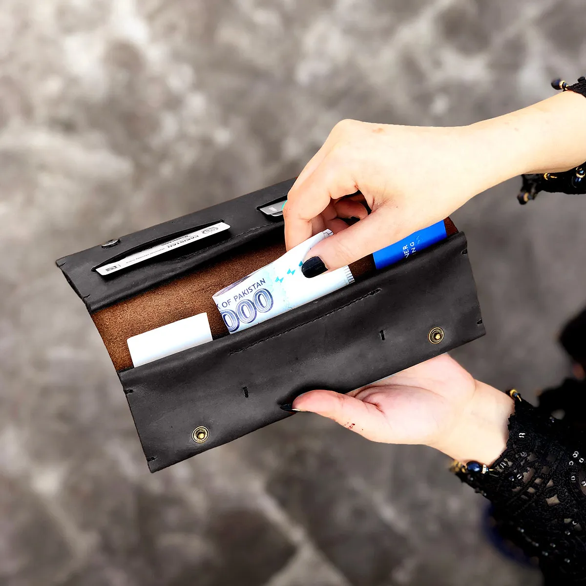 The Horizon: A Semi-Stitched Leather Long Wallet and Clutch - Coffee Color