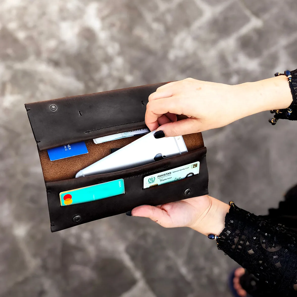 The Horizon: A Semi-Stitched Leather Long Wallet and Clutch - Coffee Color