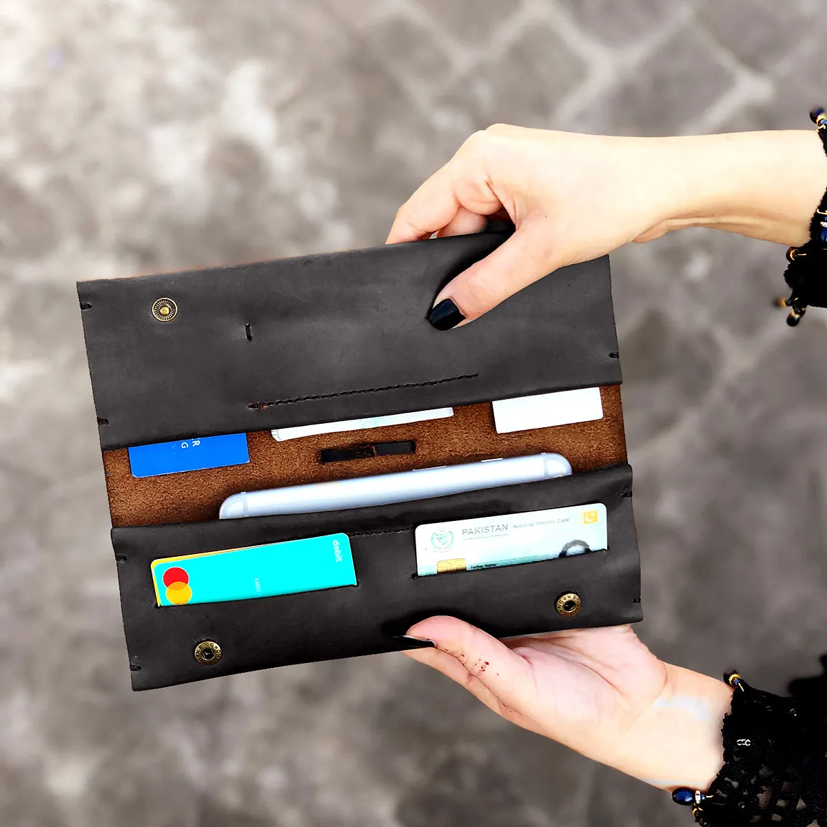 The Horizon: A Semi-Stitched Leather Long Wallet and Clutch - Coffee Color