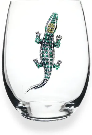 THE QUEENS' JEWELS Alligator Jeweled Stemless Wine Glass, 21 oz. - Unique Gift for Women, Birthday, Cute, Fun, Not Painted, Decorated, Bling, Bedazzled, Rhinestone