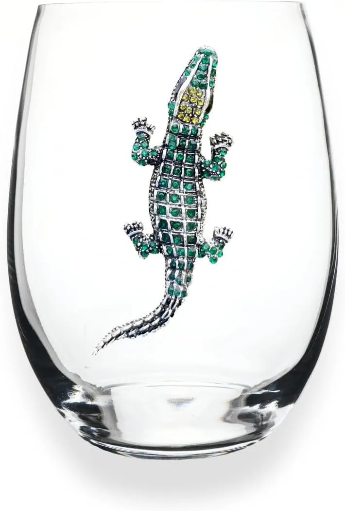THE QUEENS' JEWELS Alligator Jeweled Stemless Wine Glass, 21 oz. - Unique Gift for Women, Birthday, Cute, Fun, Not Painted, Decorated, Bling, Bedazzled, Rhinestone