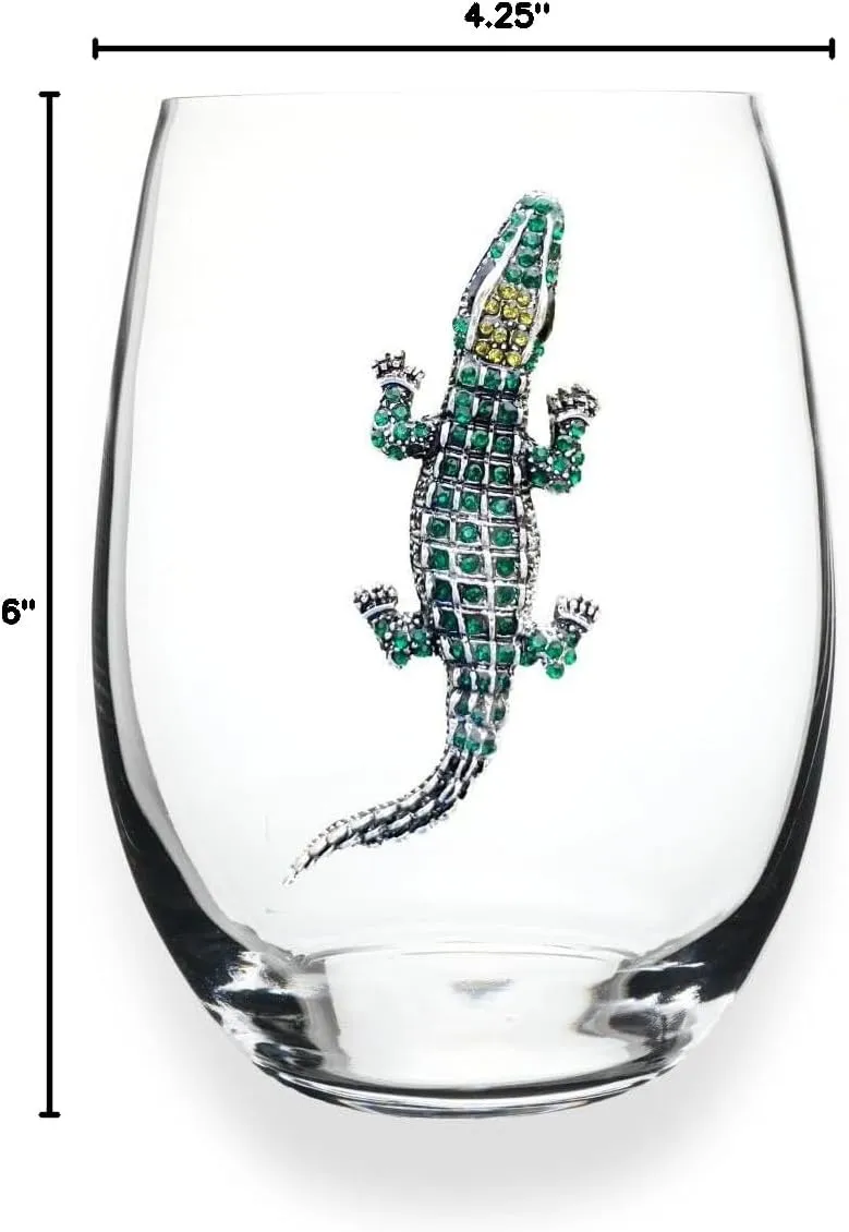 THE QUEENS' JEWELS Alligator Jeweled Stemless Wine Glass, 21 oz. - Unique Gift for Women, Birthday, Cute, Fun, Not Painted, Decorated, Bling, Bedazzled, Rhinestone