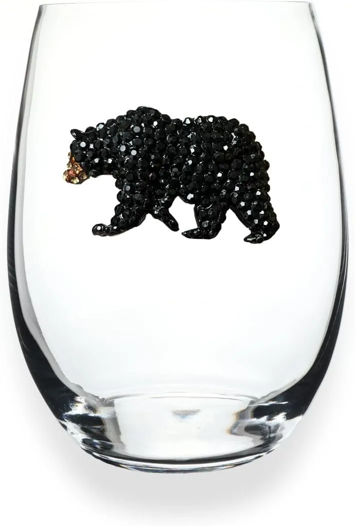 THE QUEENS' JEWELS Black Bear Jeweled Stemless Wine Glass, 21 oz. - Unique Gift for Women, Birthday, Cute, Fun, Not Painted, Decorated, Bling, Bedazzled, Rhinestone
