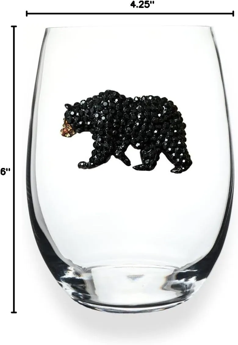 THE QUEENS' JEWELS Black Bear Jeweled Stemless Wine Glass, 21 oz. - Unique Gift for Women, Birthday, Cute, Fun, Not Painted, Decorated, Bling, Bedazzled, Rhinestone