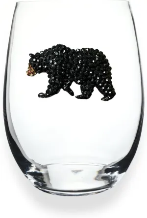THE QUEENS' JEWELS Black Bear Jeweled Stemless Wine Glass, 21 oz. - Unique Gift for Women, Birthday, Cute, Fun, Not Painted, Decorated, Bling, Bedazzled, Rhinestone