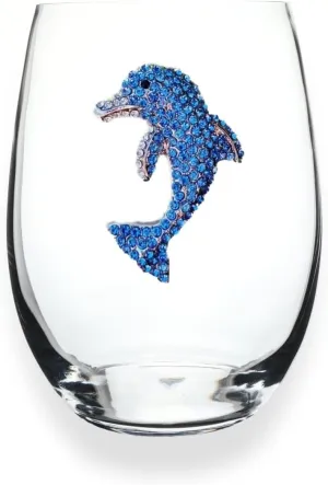 THE QUEENS' JEWELS Dolphin Jeweled Stemless Wine Glass, 21 oz. - Unique Gift for Women, Birthday, Cute, Fun, Not Painted, Decorated, Bling, Bedazzled, Rhinestone
