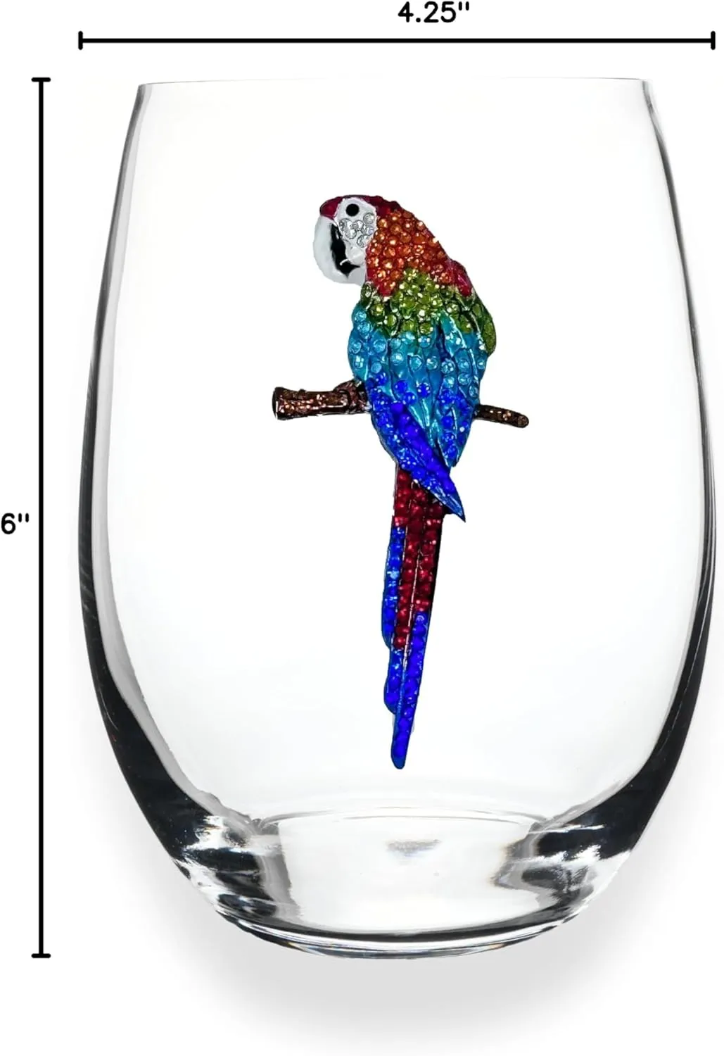 THE QUEENS' JEWELS Parrot Jeweled Stemless Wine Glass, 21 oz. - Unique Gift for Women, Birthday, Cute, Fun, Not Painted, Decorated, Bling, Bedazzled, Rhinestone