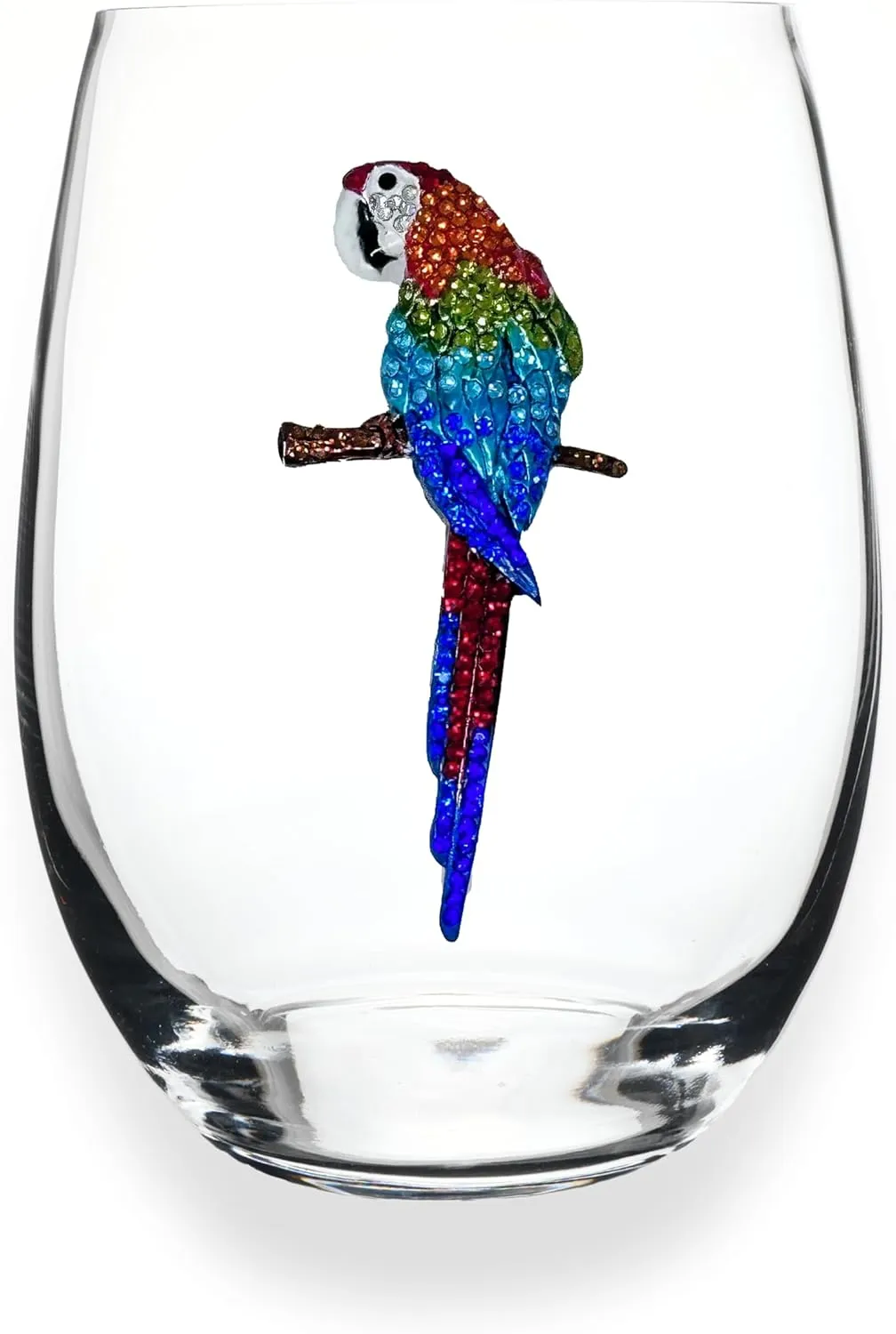THE QUEENS' JEWELS Parrot Jeweled Stemless Wine Glass, 21 oz. - Unique Gift for Women, Birthday, Cute, Fun, Not Painted, Decorated, Bling, Bedazzled, Rhinestone