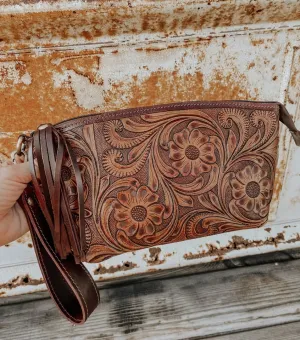 Tooled Leather Wristlet - Toiletry Bag