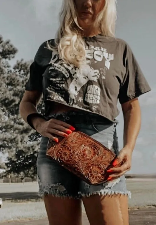 Tooled Leather Wristlet - Toiletry Bag