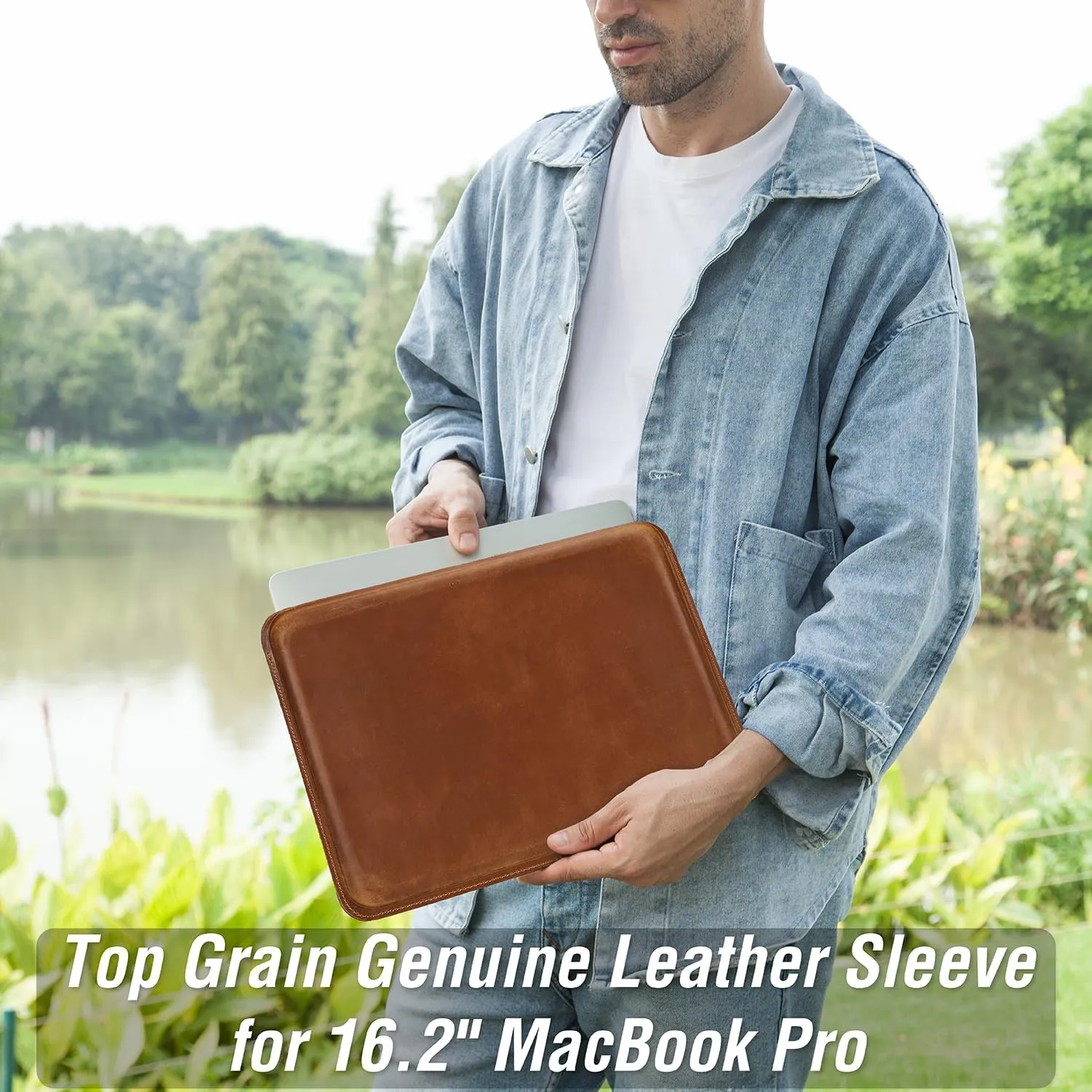 Top Grain Leather 16.2" Slim PC Sleeve Case, Solid Vintage Design, Handmade, Compatible with MacBook Pro 16.2" A2485 M1 Max 15" Touch Bar A2141 A1707 Pro 16" Touch ID A1990, Brown 16.2 Inch