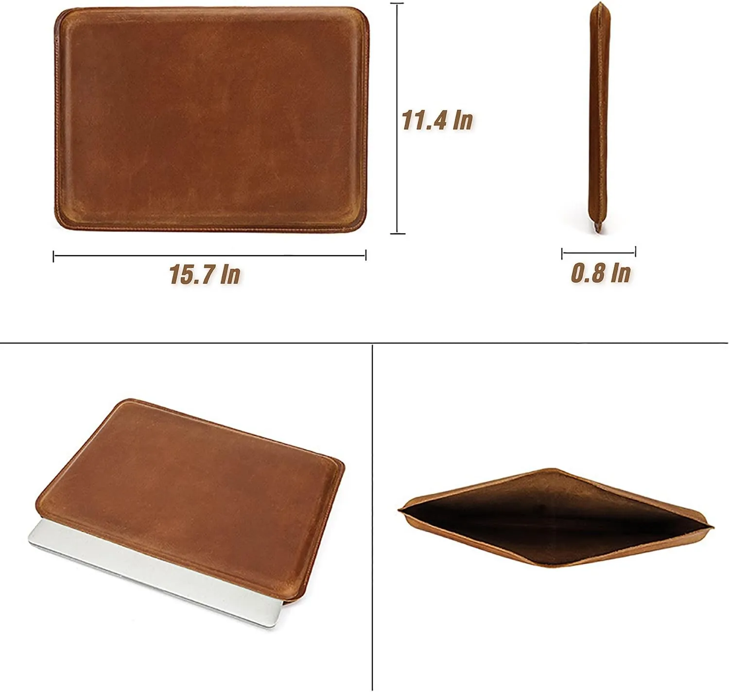 Top Grain Leather 16.2" Slim PC Sleeve Case, Solid Vintage Design, Handmade, Compatible with MacBook Pro 16.2" A2485 M1 Max 15" Touch Bar A2141 A1707 Pro 16" Touch ID A1990, Brown 16.2 Inch