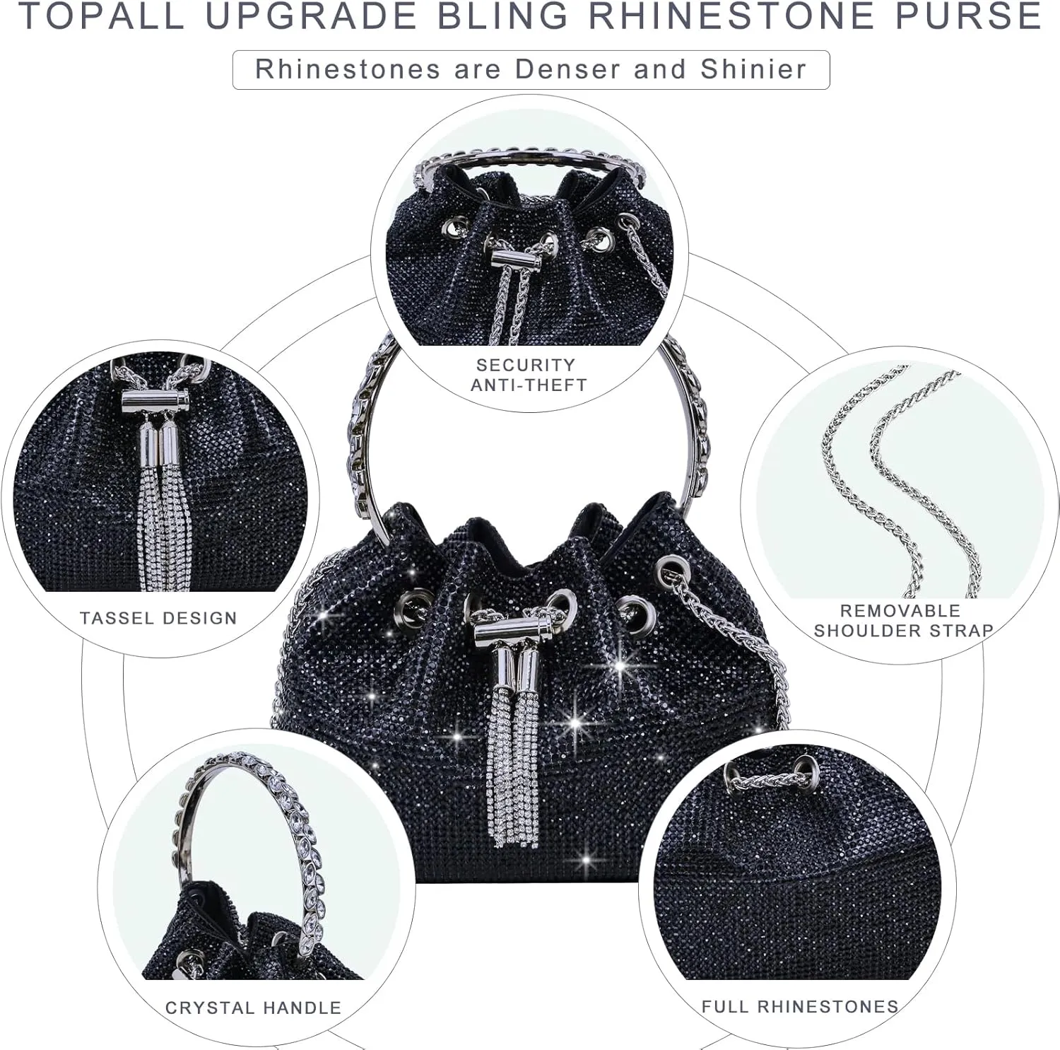 TOPALL Upgrade Rhinestone Evening Bag Bling Purse Sparkly Diamond Silver Clutch Purses for Women Party Club Wedding Prom
