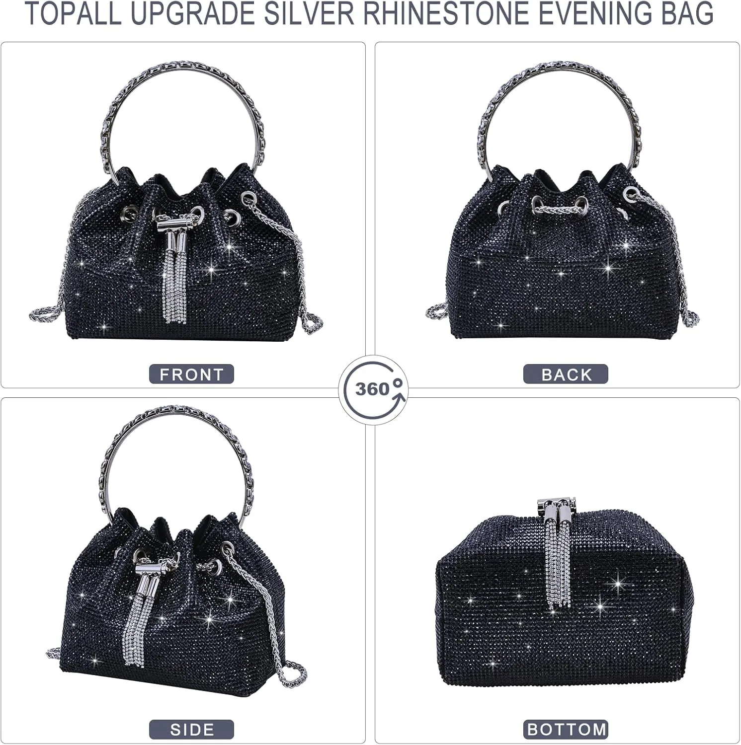 TOPALL Upgrade Rhinestone Evening Bag Bling Purse Sparkly Diamond Silver Clutch Purses for Women Party Club Wedding Prom