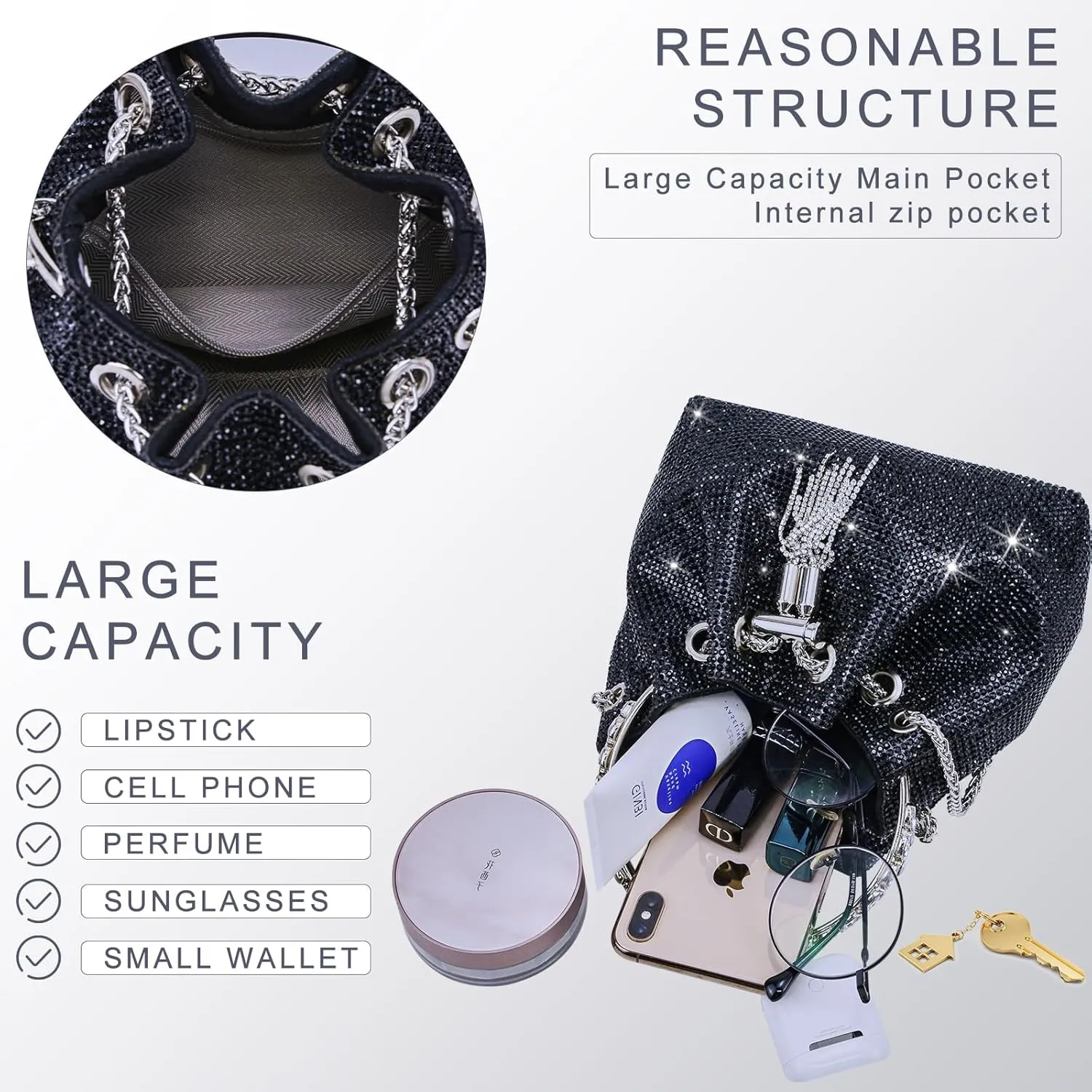 TOPALL Upgrade Rhinestone Evening Bag Bling Purse Sparkly Diamond Silver Clutch Purses for Women Party Club Wedding Prom
