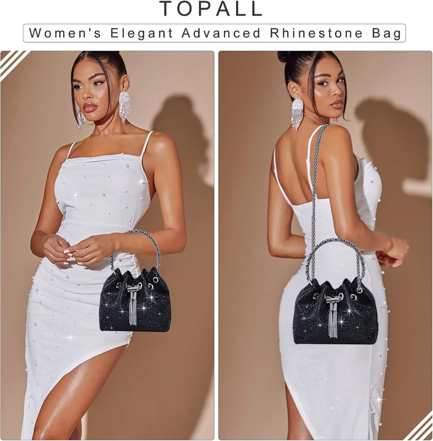 TOPALL Upgrade Rhinestone Evening Bag Bling Purse Sparkly Diamond Silver Clutch Purses for Women Party Club Wedding Prom