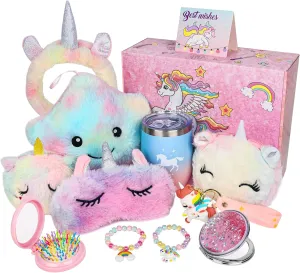 Unicorn Toys for Girls Age 4-6 7 8, Girls Birthday with Light Up Plush Stars Pillow/Crossbody Bag/Water Bottle/Headband/Soft Plush Toys Set