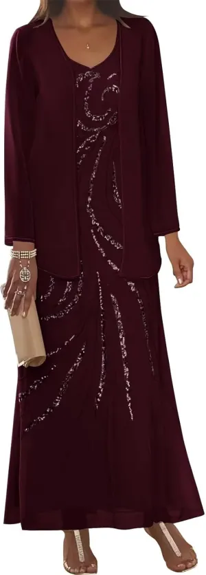 UZN 2 Pieces Chiffon Mother of The Bride Dresses 2025 with Jacket Sequin Chiffon Long Sleeve Formal Gowns