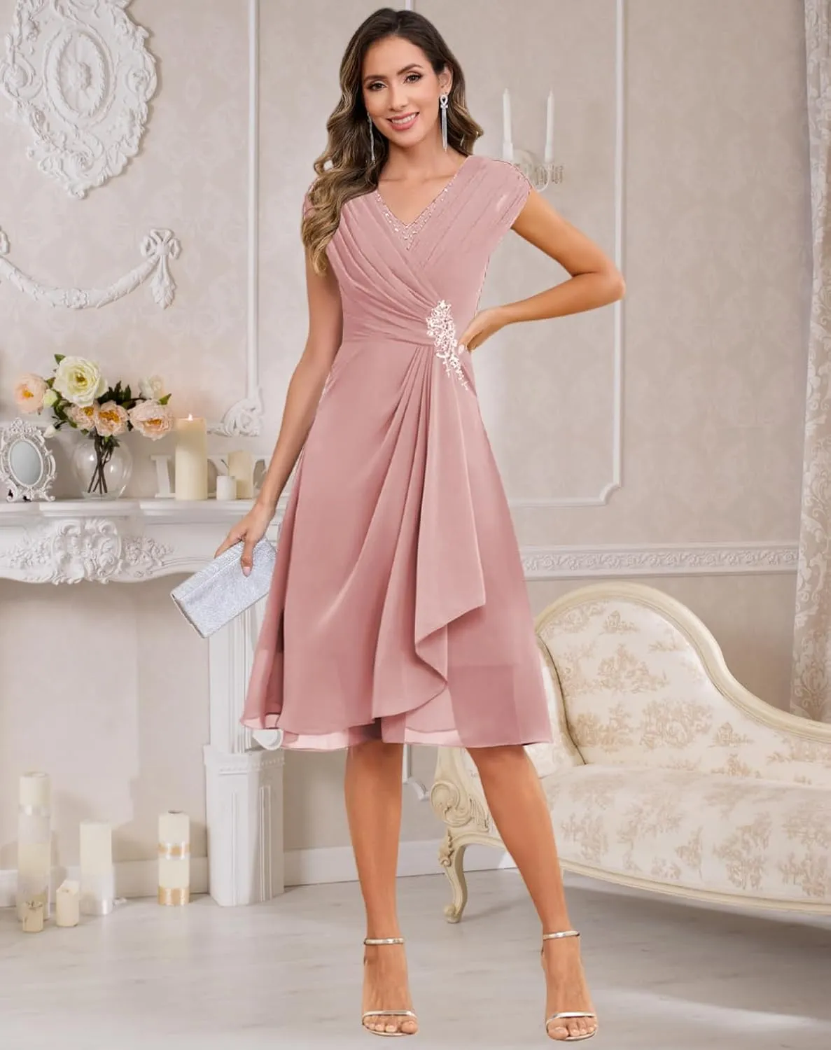 VCCICANY Chiffon Mother of The Bride Dresses for Women Petite Ruffle Pleated Cap Sleeves Short Formal Evening Gown