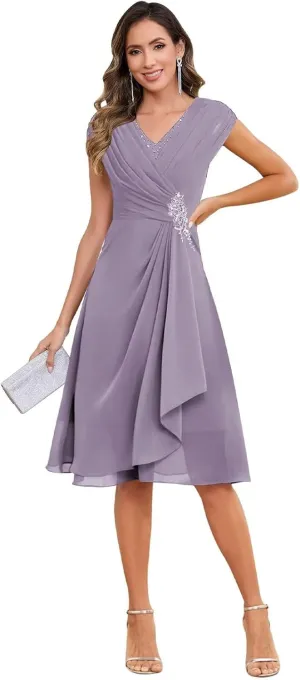 VCCICANY Chiffon Mother of The Bride Dresses for Women Petite Ruffle Pleated Cap Sleeves Short Formal Evening Gown