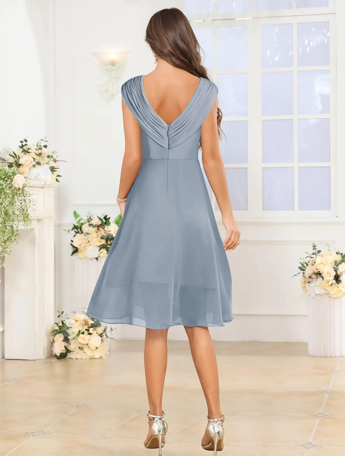 VCCICANY Chiffon Mother of The Bride Dresses for Women Petite Ruffle Pleated Cap Sleeves Short Formal Evening Gown