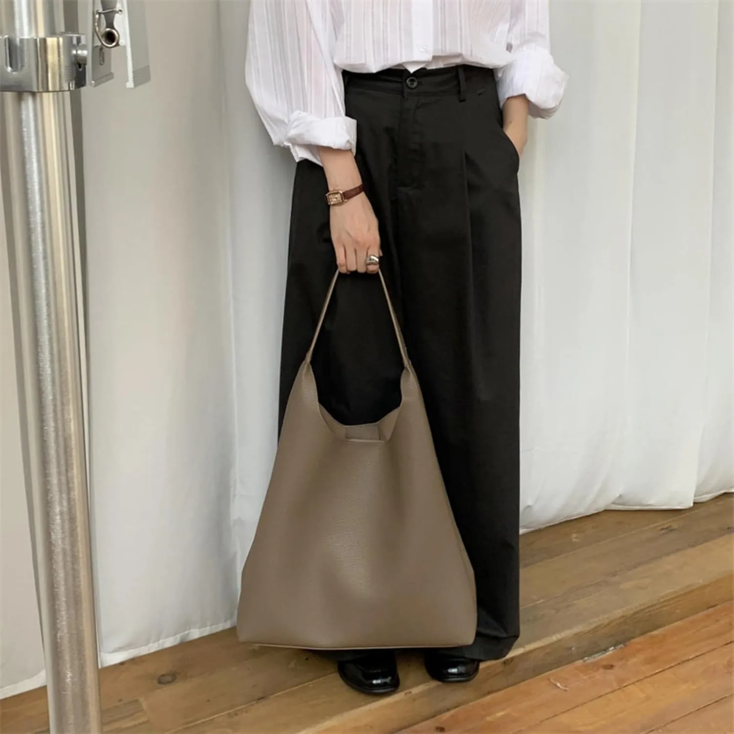 Vegan Leather Tote 2025 Fall Winter Large Shoulder Bag Minimalist Retro Bucket Work Commute Texture Litchi Grain Handbag