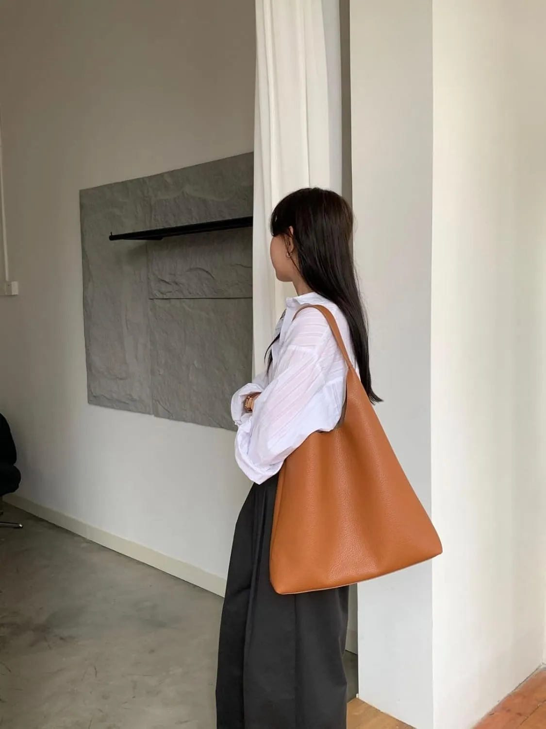 Vegan Leather Tote 2025 Fall Winter Large Shoulder Bag Minimalist Retro Bucket Work Commute Texture Litchi Grain Handbag