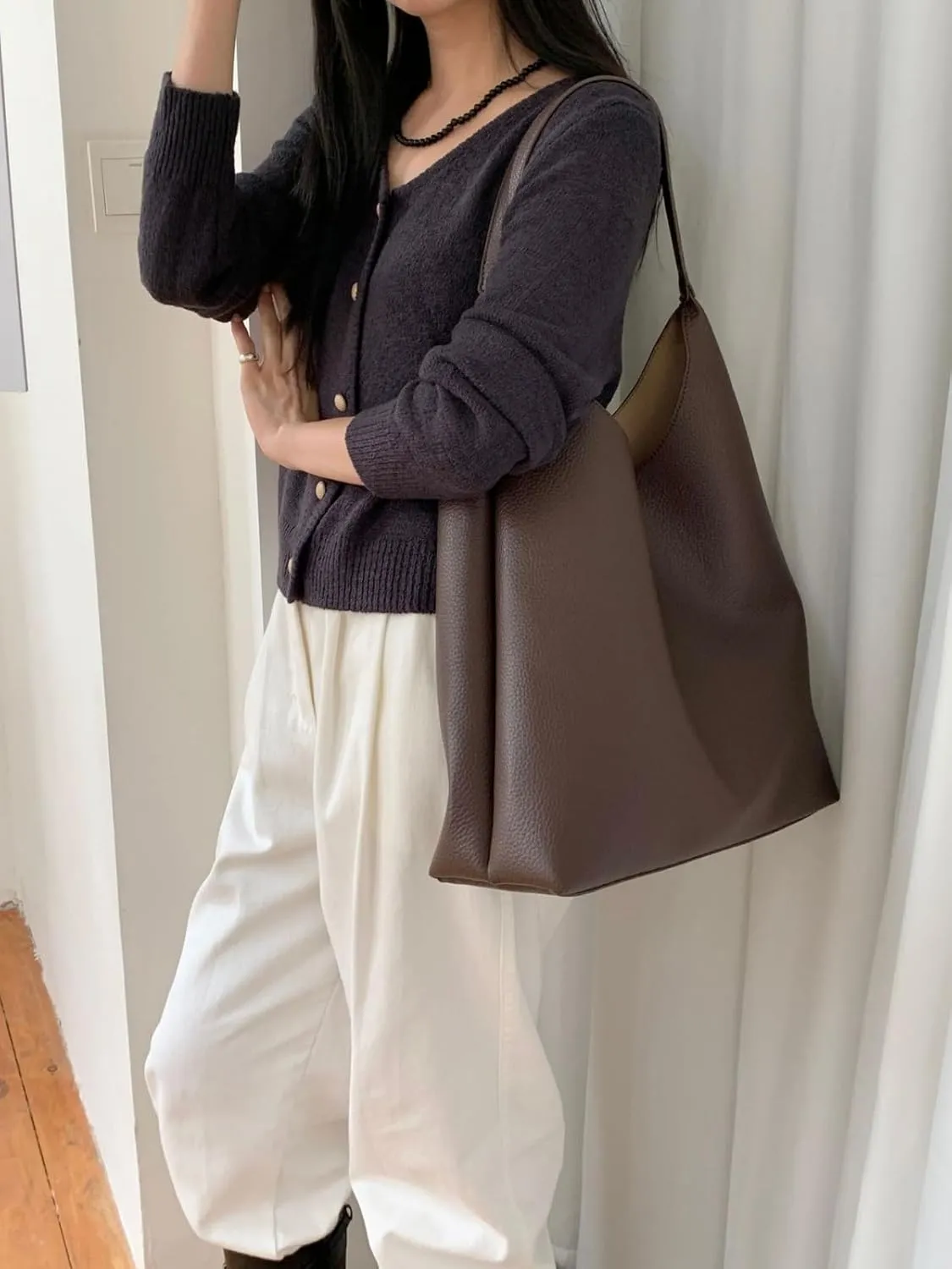 Vegan Leather Tote 2025 Fall Winter Large Shoulder Bag Minimalist Retro Bucket Work Commute Texture Litchi Grain Handbag