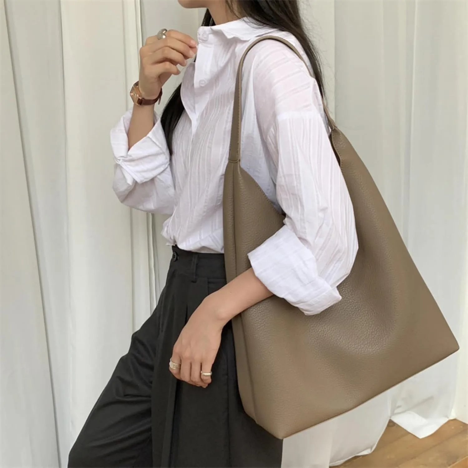 Vegan Leather Tote 2025 Fall Winter Large Shoulder Bag Minimalist Retro Bucket Work Commute Texture Litchi Grain Handbag