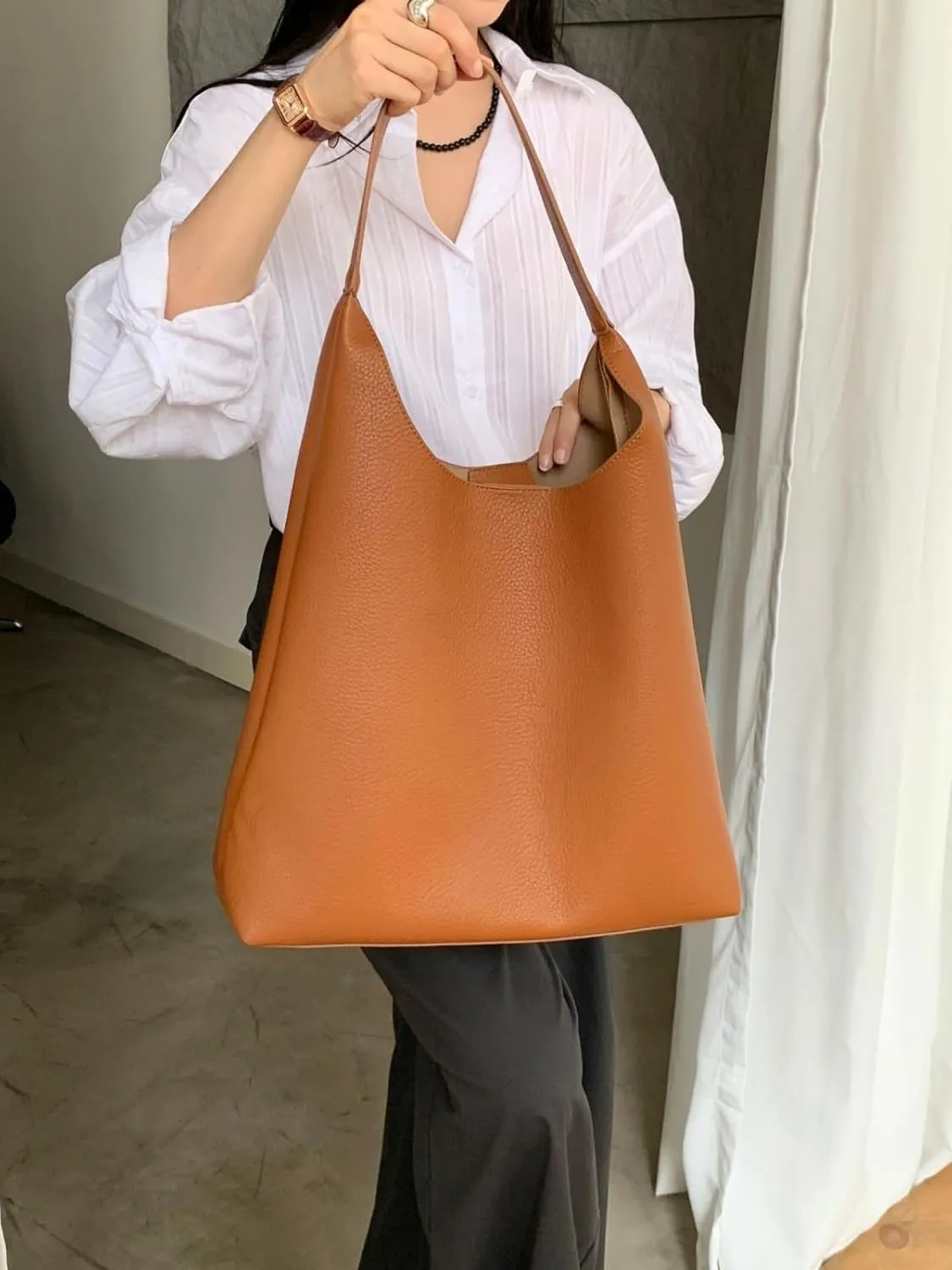 Vegan Leather Tote 2025 Fall Winter Large Shoulder Bag Minimalist Retro Bucket Work Commute Texture Litchi Grain Handbag