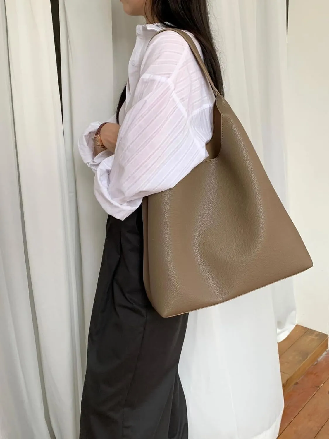 Vegan Leather Tote 2025 Fall Winter Large Shoulder Bag Minimalist Retro Bucket Work Commute Texture Litchi Grain Handbag
