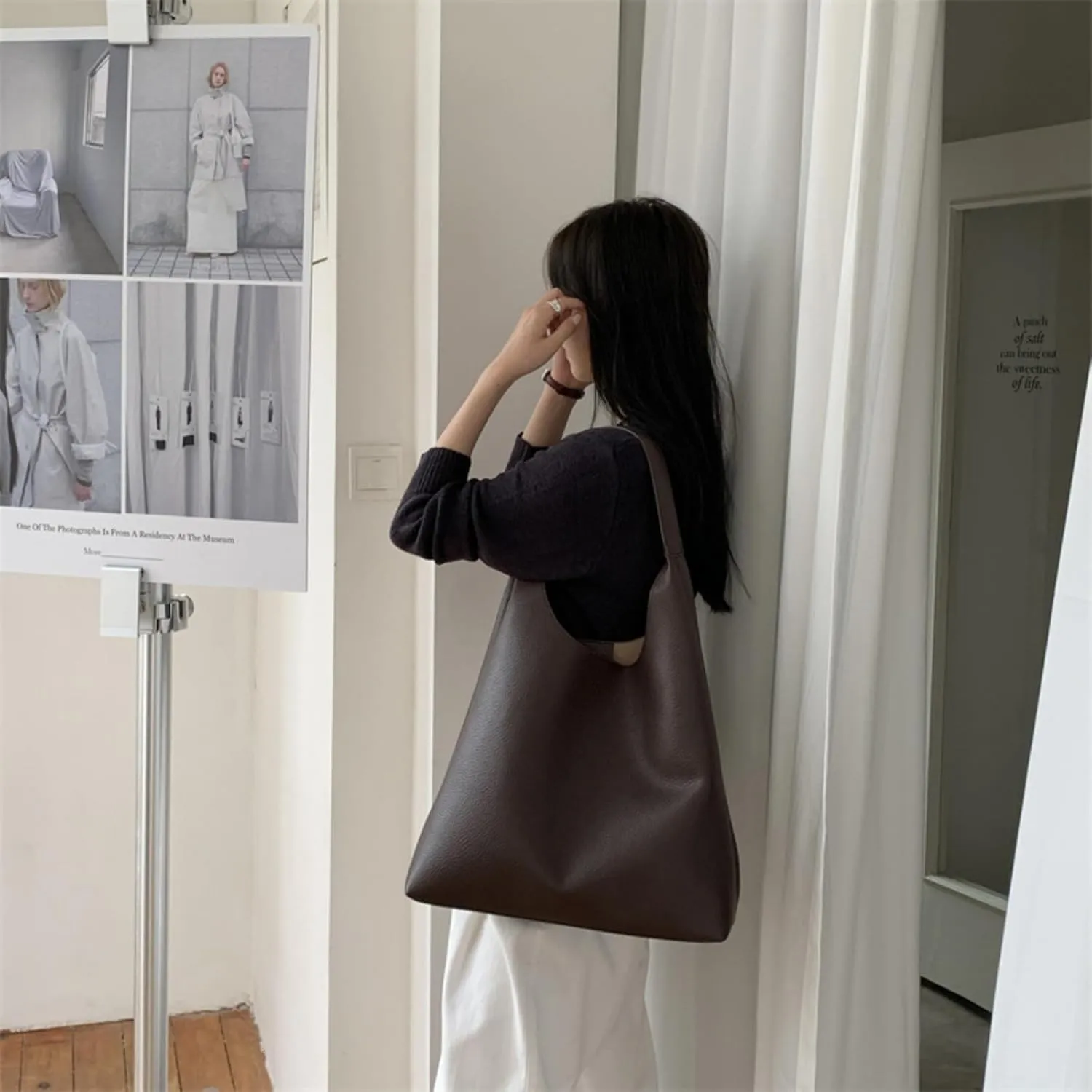 Vegan Leather Tote 2025 Fall Winter Large Shoulder Bag Minimalist Retro Bucket Work Commute Texture Litchi Grain Handbag